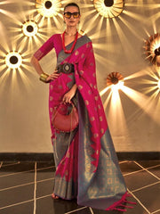 Prodigious Dark Pink Heavy Weaving Handloom Silk Sangeet Wear Saree
