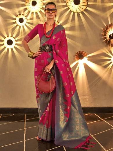 Prodigious Dark Pink Heavy Weaving Handloom Silk Sangeet Wear Saree