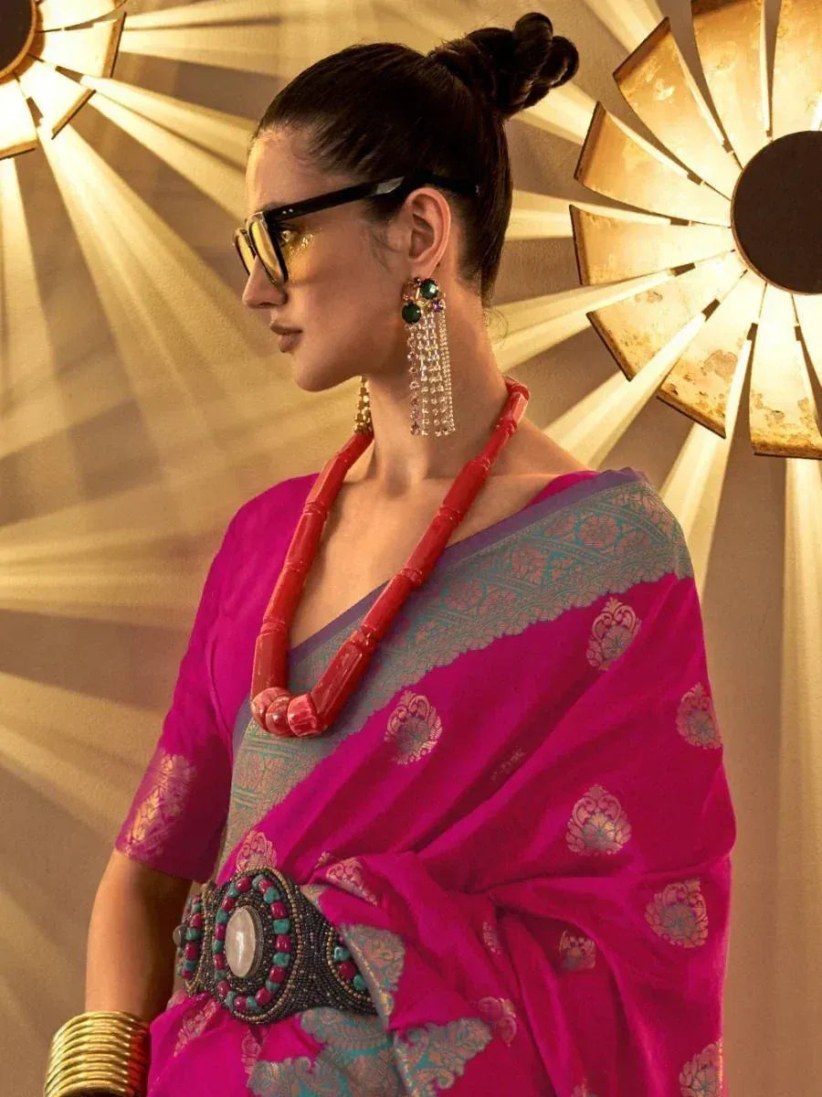 Prodigious Dark Pink Heavy Weaving Handloom Silk Sangeet Wear Saree