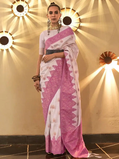 Spectacular White Heavy Weaving Silk Engagement Wear Saree