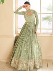 Stunning Pista Green Embroidered Silk Festival Gown with Dupatta