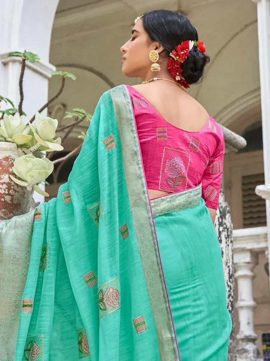 Teal saree with floral embroidery and pink blouse, Indian ethnic wear for women