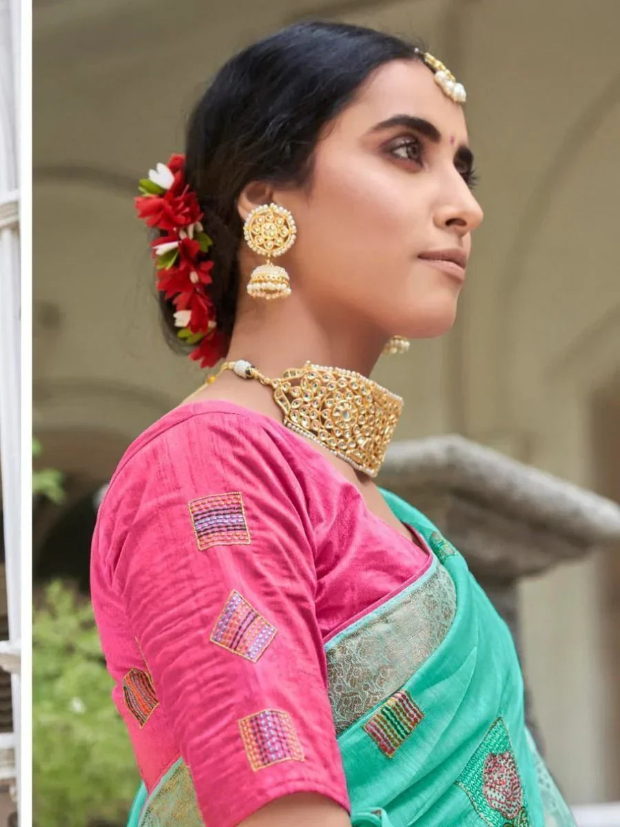 Ultimate Sea Green Embroidered Cotton Festival Wear Saree With Blouse