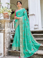 Ultimate Sea Green Embroidered Cotton Festival Wear Saree With Blouse