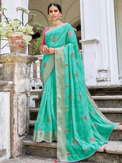 Ultimate Sea Green Embroidered Cotton Festival Wear Saree With Blouse