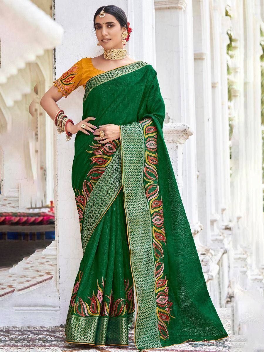 Green embroidered saree with yellow blouse, perfect for Indian ethnic wear occasions.