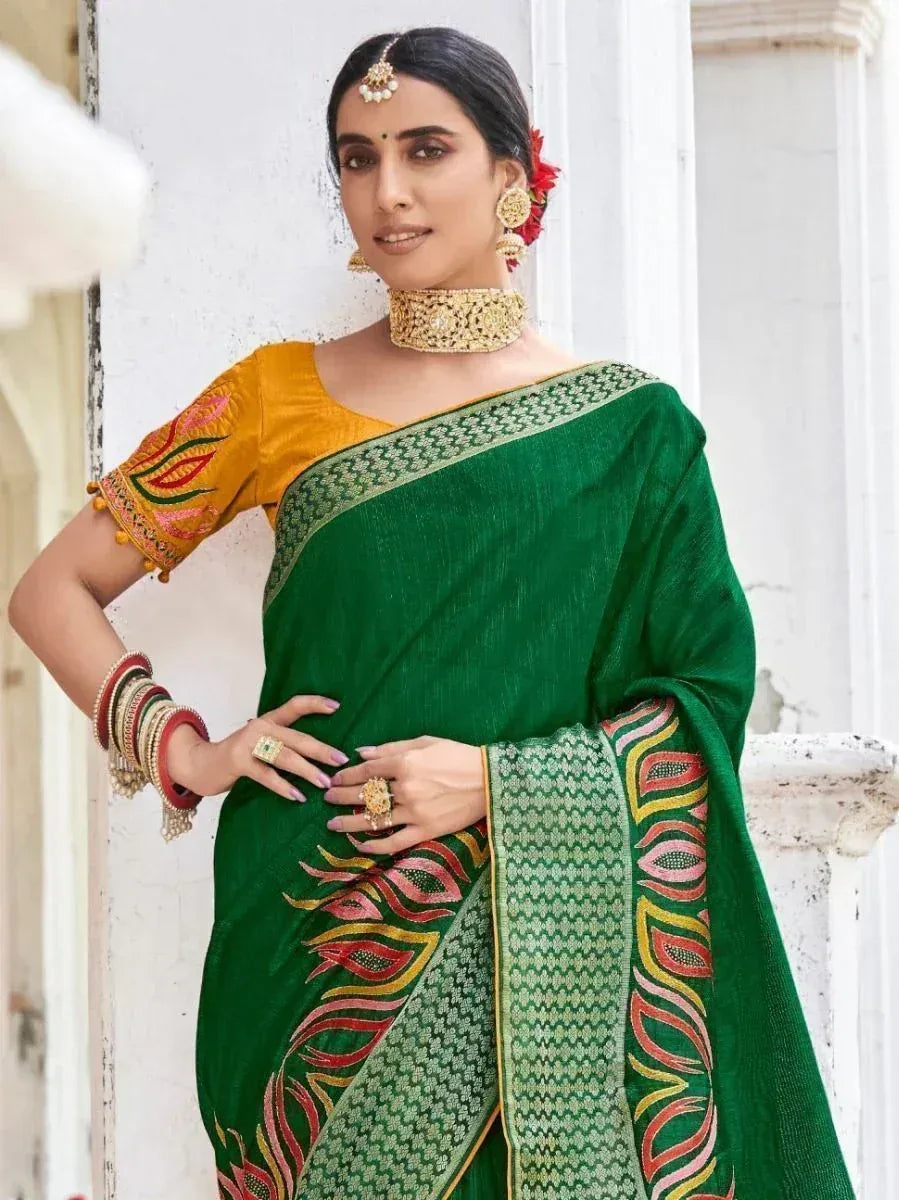 Green embroidered saree with yellow blouse, traditional Indian ethnic wear for women