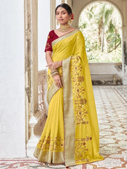 Sunshine Yellow Embroidered Cotton Occasion Wear Saree With Blouse