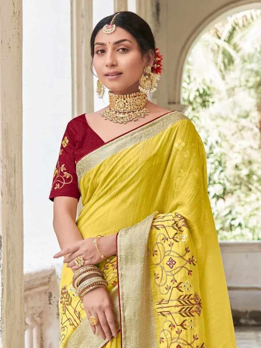 Yellow embroidered saree with maroon blouse, traditional Indian ethnic wear