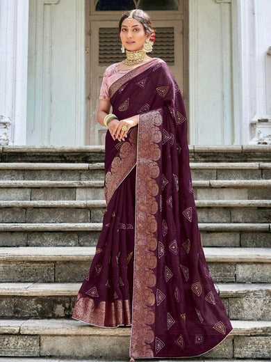 Stunning Purple Embroidered Cotton Festival Saree With Blouse