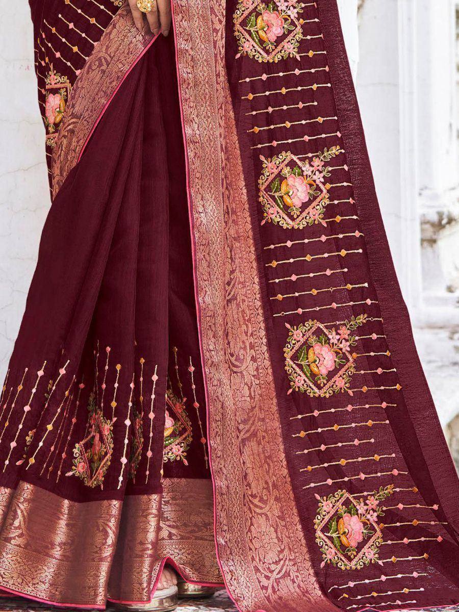Maroon embroidered saree with floral motifs and gold border, Indian ethnic wear