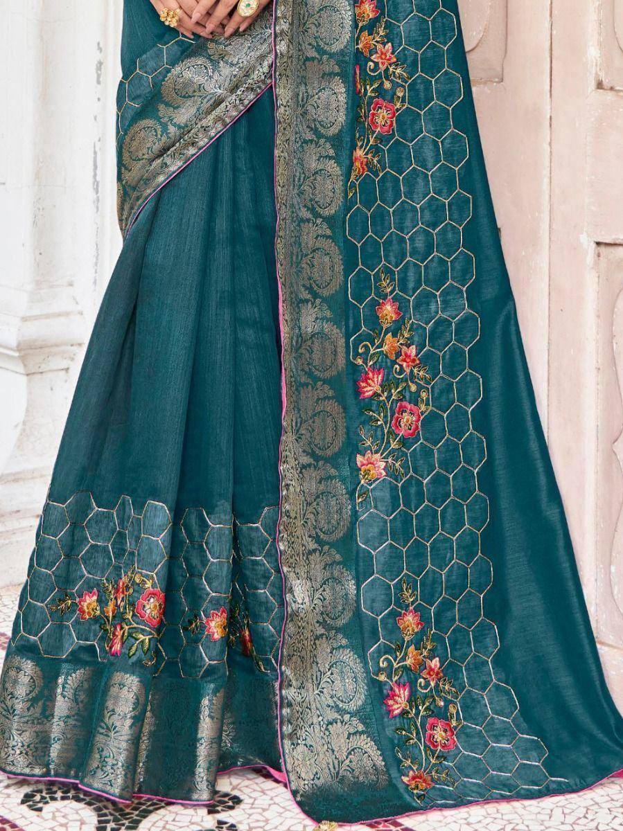 Teal saree with floral embroidery and gold hexagon border, Indian ethnic wear