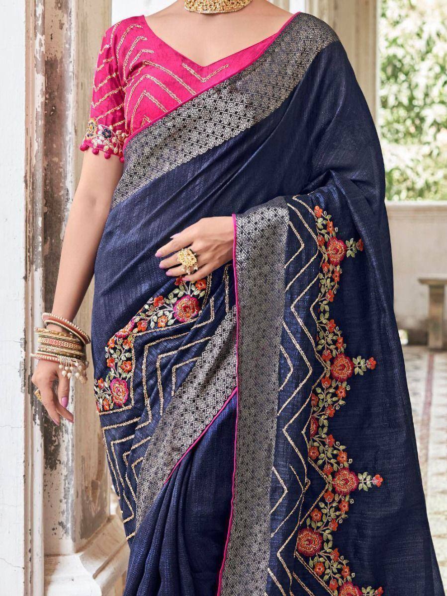 Navy blue saree with floral embroidery and pink blouse, Indian ethnic wear