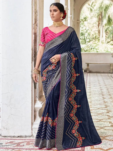 Captivate Navy Blue Embroidered Cotton Festival Wear Saree With Blouse