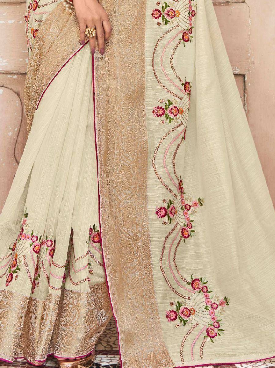 Cream saree with pink floral embroidery and gold border, Indian ethnic wear