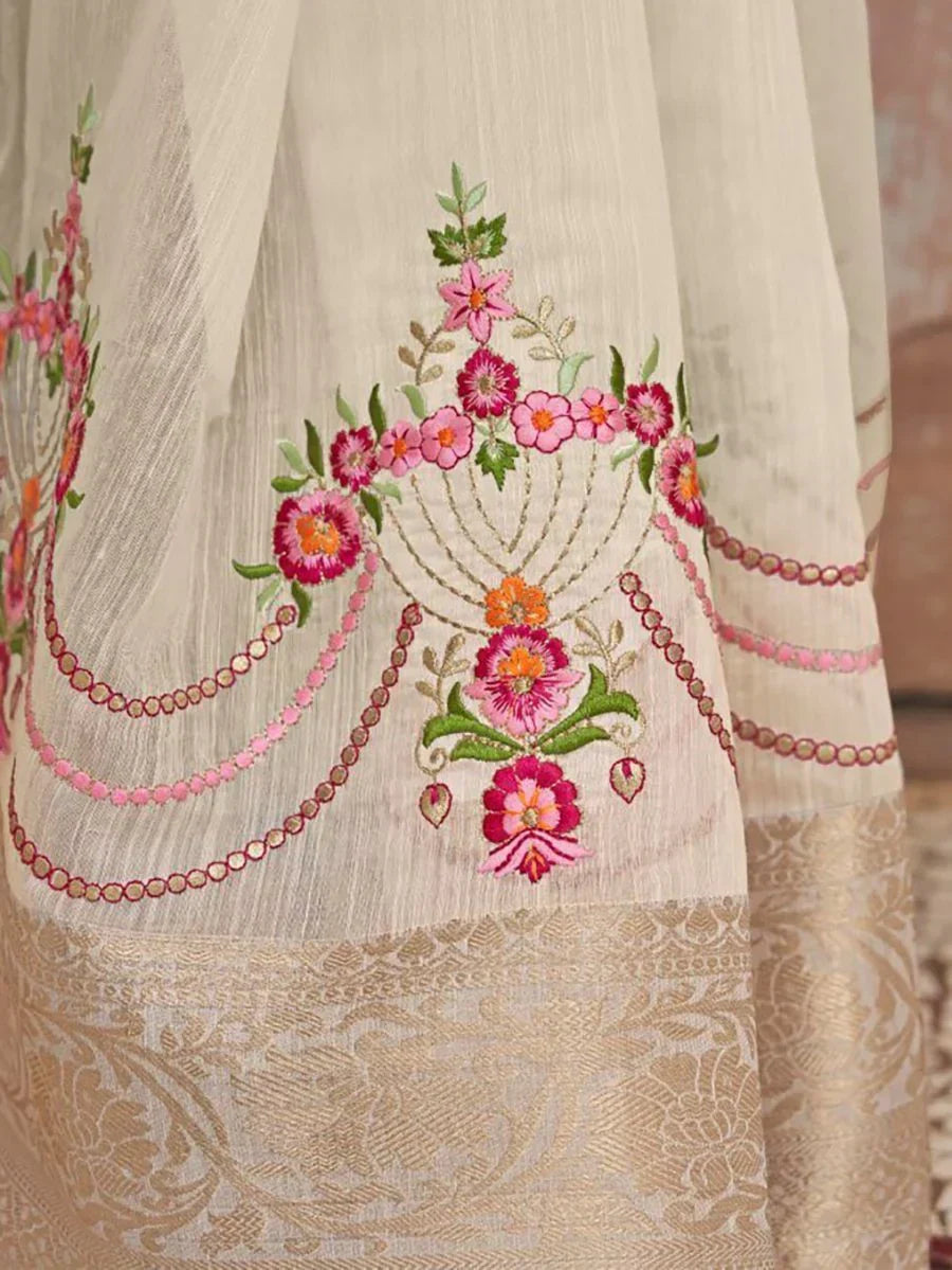 Delight Beige Embroidered Cotton Festival Wear Saree With Blouse