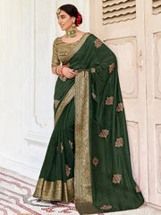 Gorgeous Green Embroidered Cotton Occasion Wear Saree With Blouse