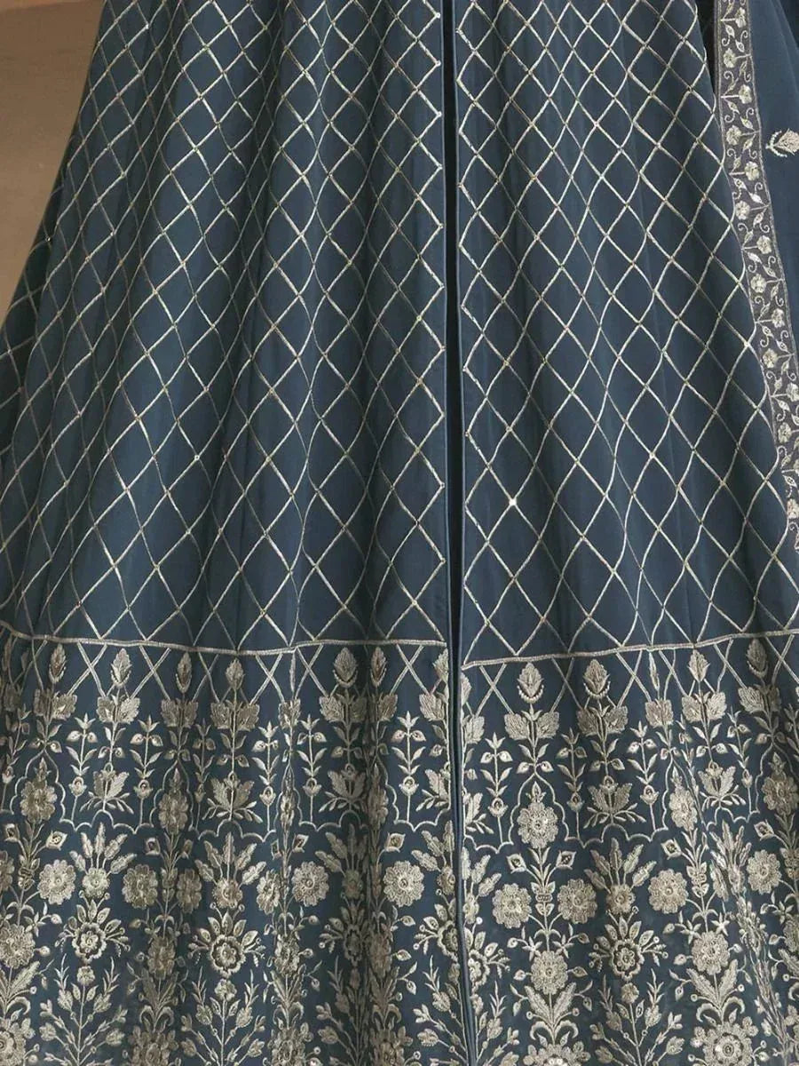 Dark blue lehenga with gold diamond and floral embroidery, ethnic Indian wear