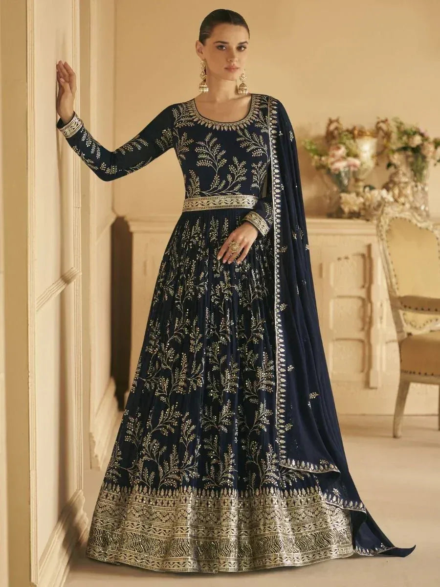 Navy blue embroidered anarkali gown with gold detailing, perfect for Indian ethnic occasions