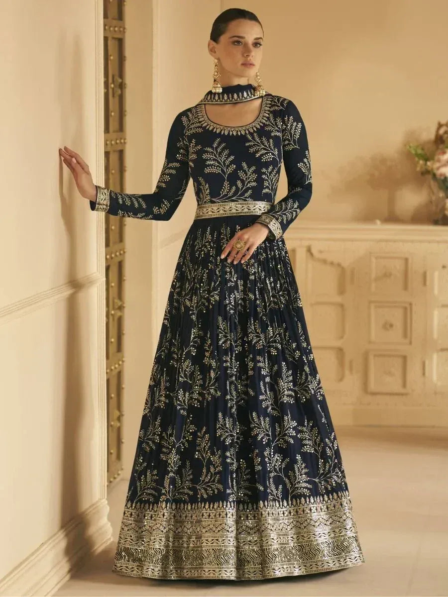 Navy blue embroidered anarkali gown with gold detailing, perfect for Indian ethnic occasions
