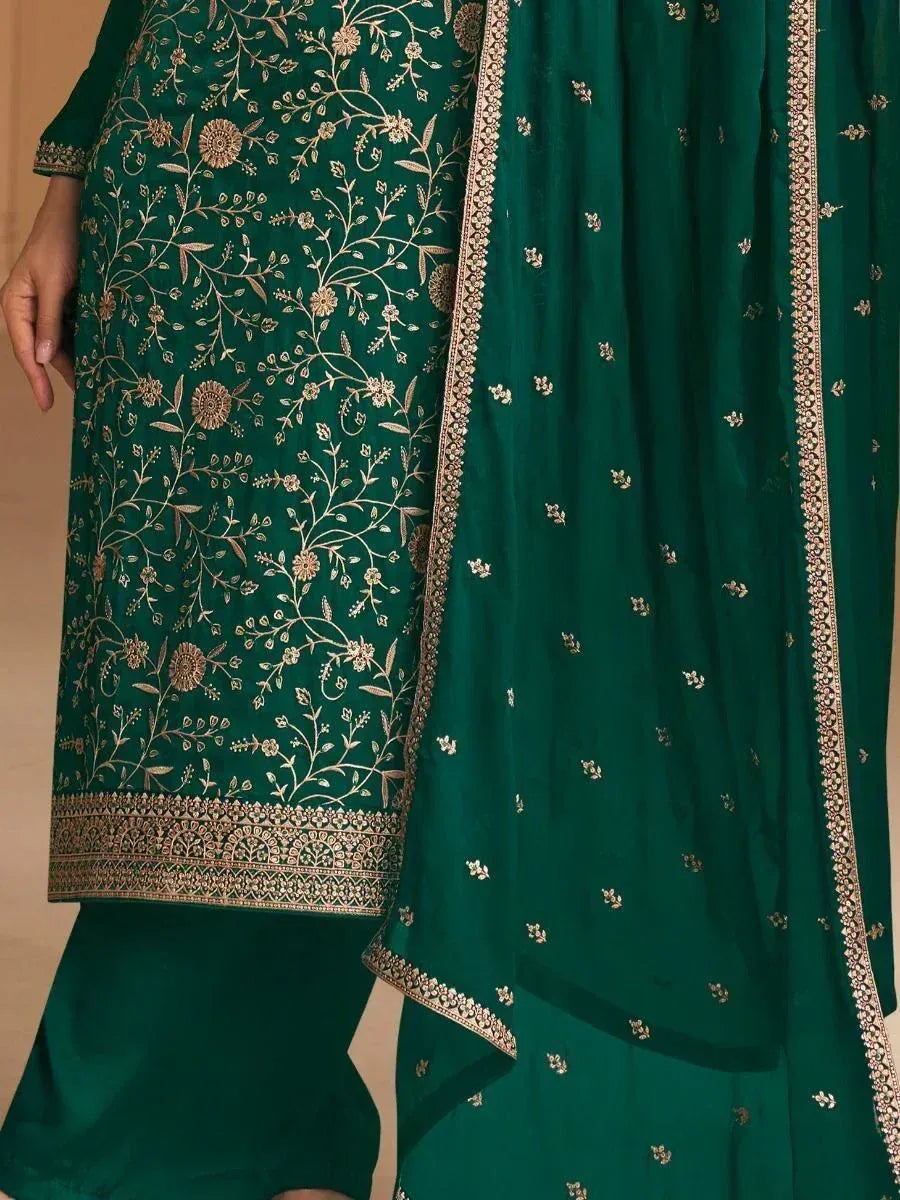 Emerald green embroidered salwar kameez with gold floral work and matching dupatta