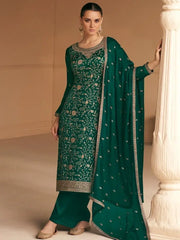 Charm of Green Zari Work Silk Satin Festival Salwar Suit & Dupatta