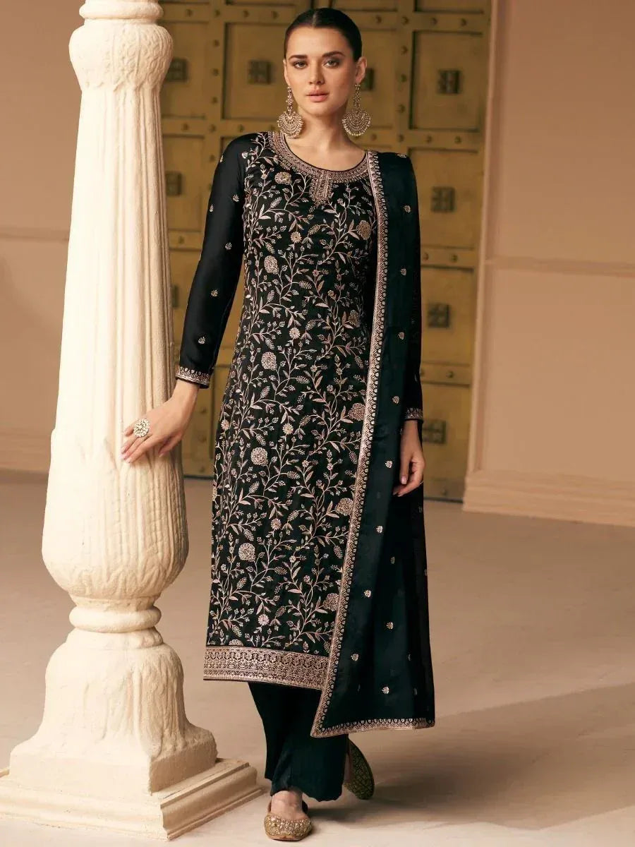 Black embroidered salwar kameez with gold floral work, paired with matching dupatta and palazzo pants