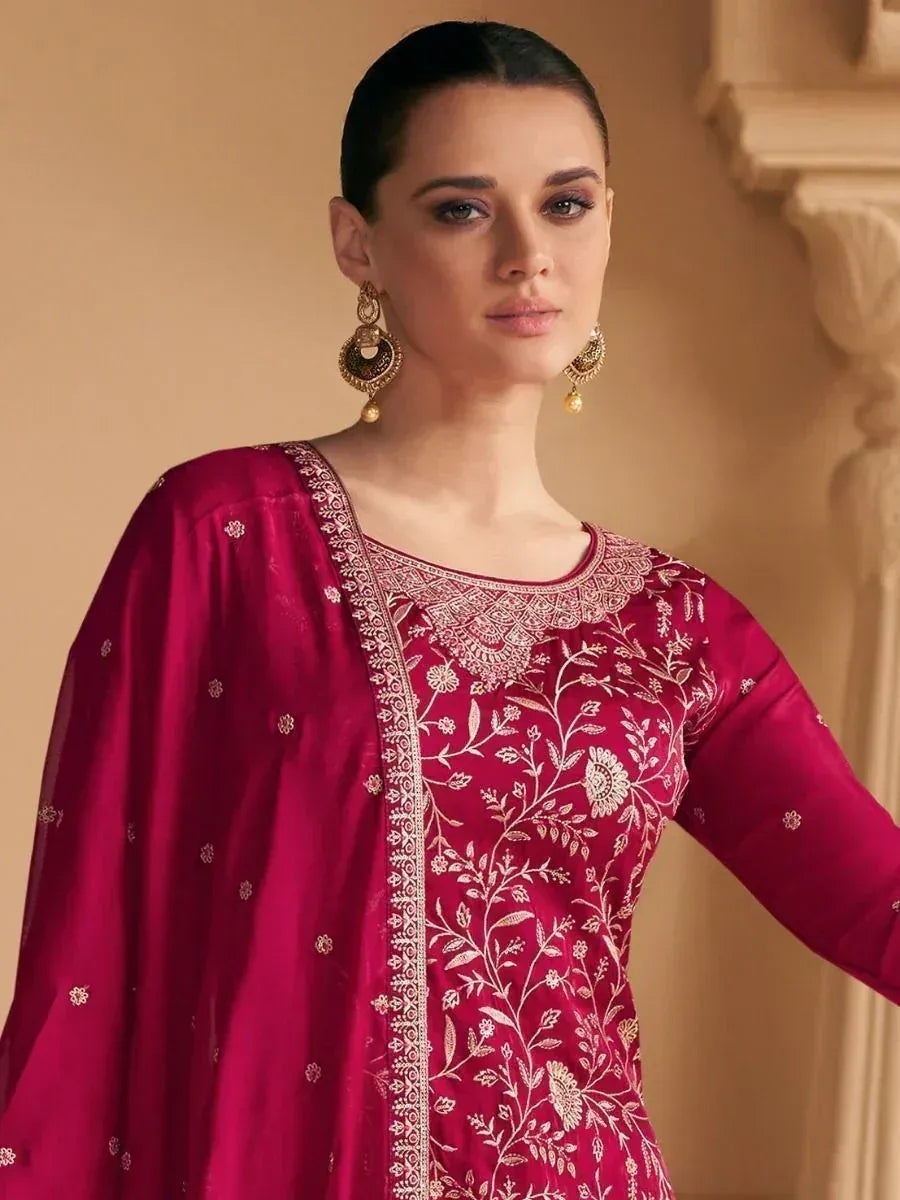 Elegant maroon salwar kameez with gold floral embroidery, perfect for Indian ethnic wear occasions