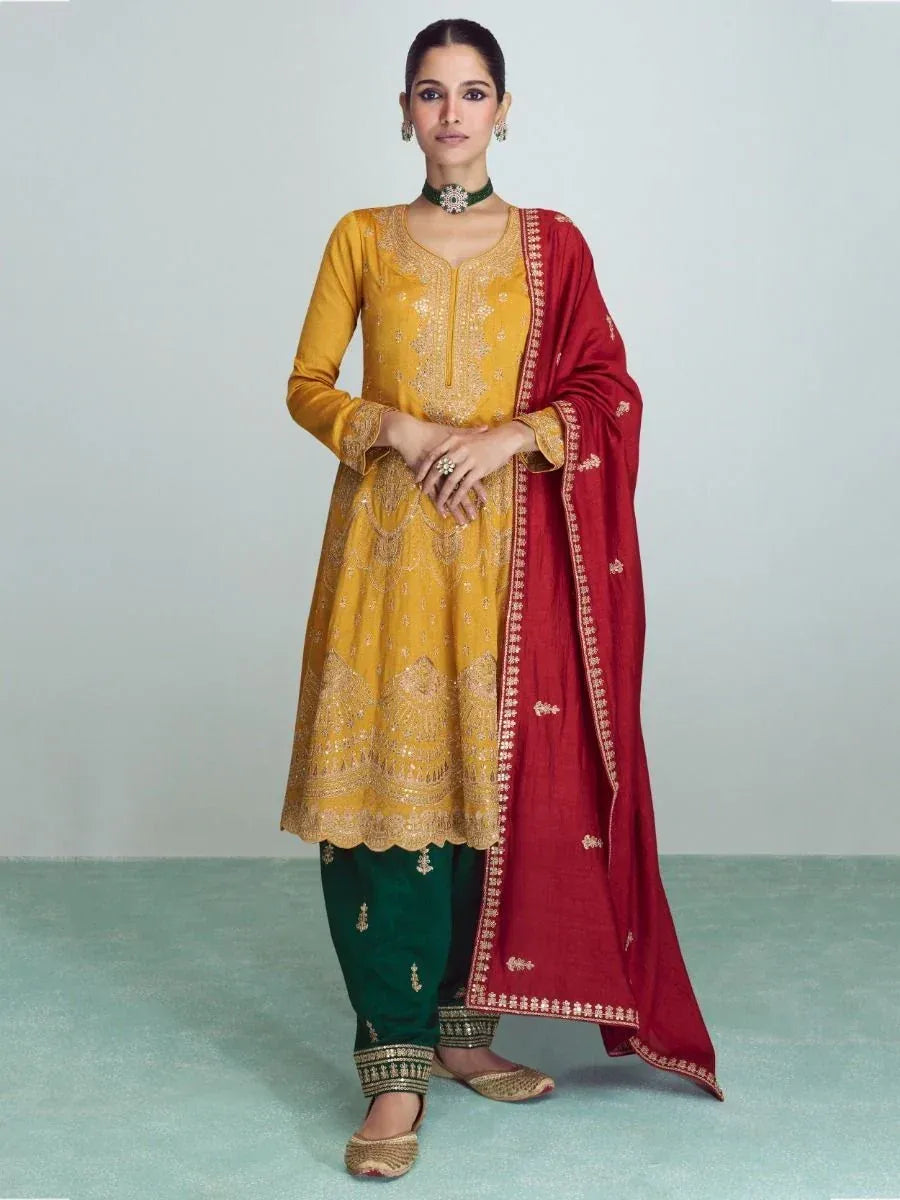 Yellow embroidered kurta with green patiala and red dupatta, Indian ethnic wear