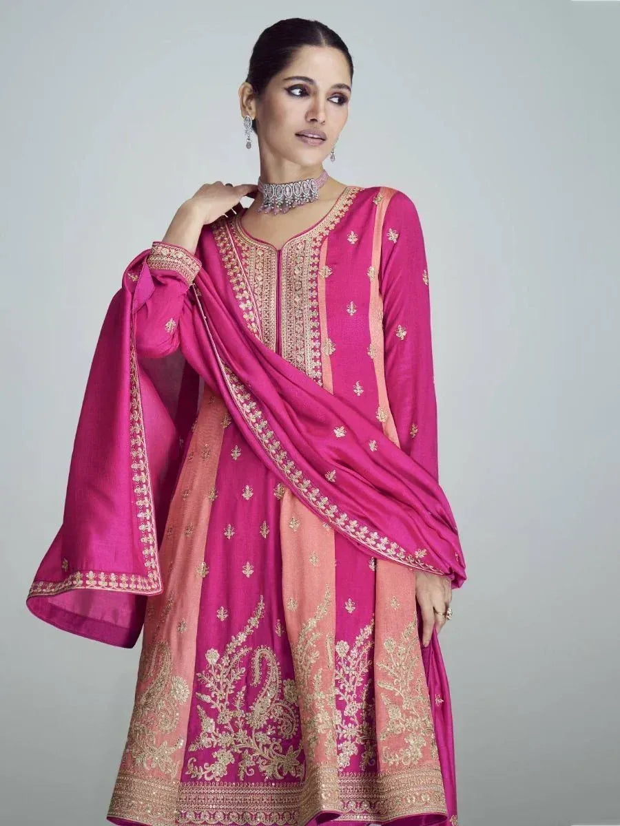 Pink and peach embroidered salwar kameez with gold detailing, perfect for Indian ethnic wear occasions