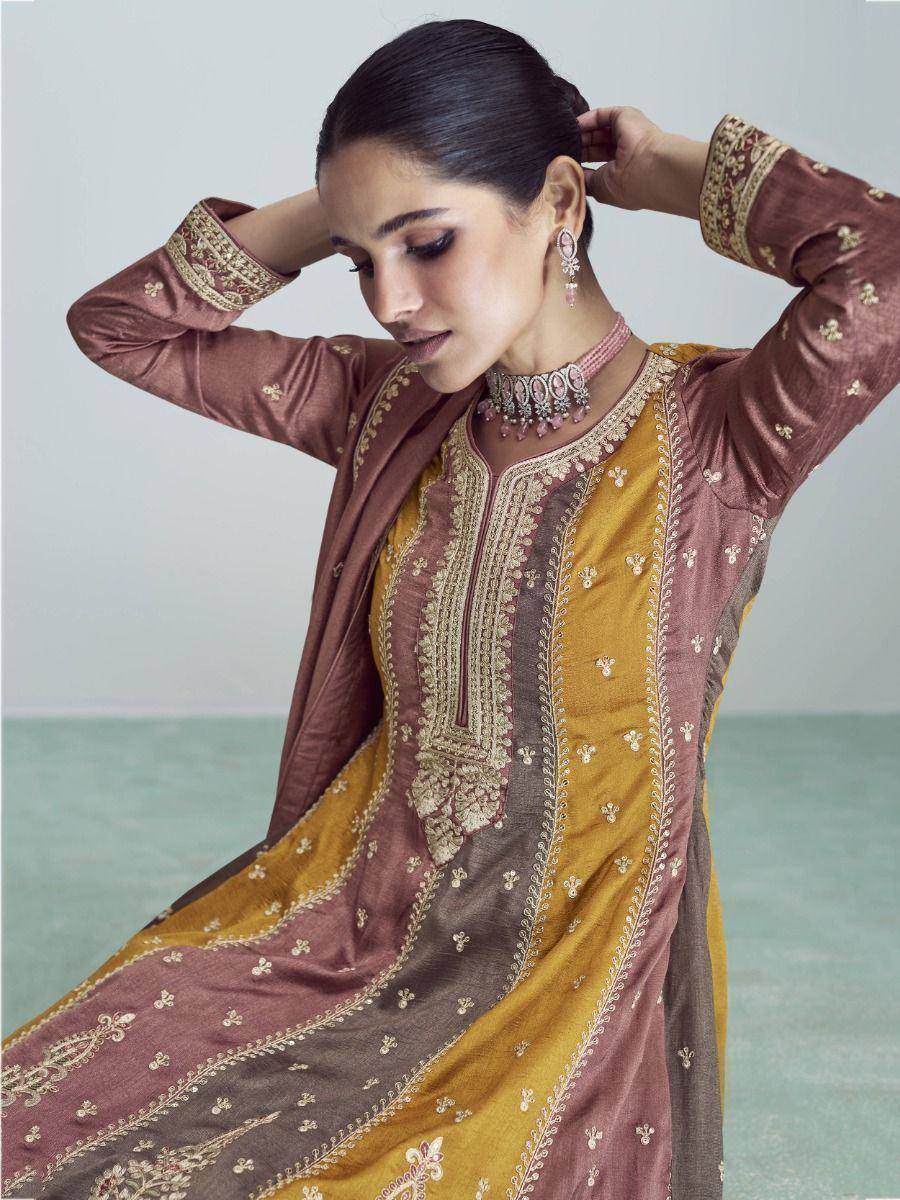 Elegant Indian ethnic wear with embroidered mustard and maroon kurta, perfect for festive occasions.