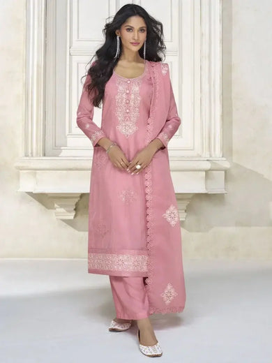 Pretty Pastel Pink Embroidered Organza Silk Pakistani Salwar Kameez