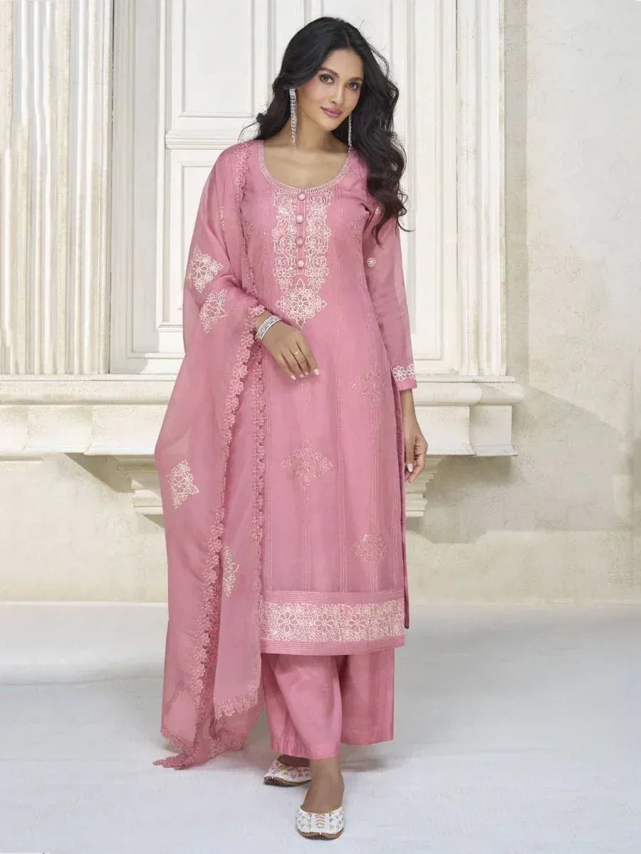 Pink embroidered salwar kameez with matching dupatta, ideal for ethnic occasions and festive wear.