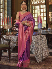 Attractive Purple Zari Weaving Kanjivaram Silk Event Wear Saree