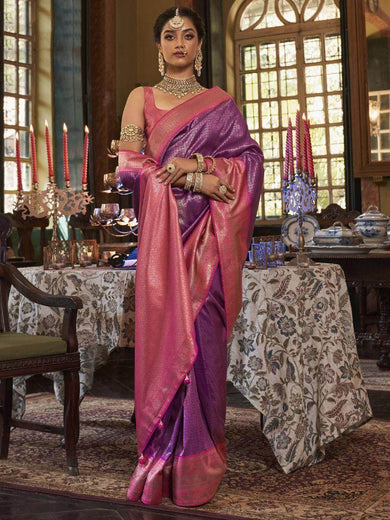Attractive Purple Zari Weaving Kanjivaram Silk Event Wear Saree