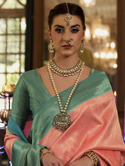 Irresistible Peach Heavy Weaving Kanjivaram Silk Wedding Wear Saree