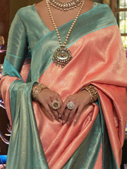 Irresistible Peach Heavy Weaving Kanjivaram Silk Wedding Wear Saree