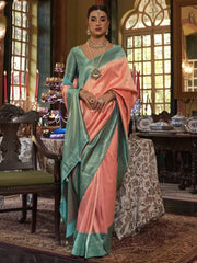 Irresistible Peach Heavy Weaving Kanjivaram Silk Wedding Wear Saree