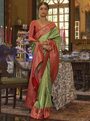 Prodigious Green Zari Weaving kanjivaram Silk Reception Wear Saree