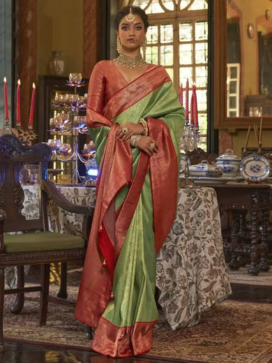 Prodigious Green Zari Weaving kanjivaram Silk Reception Wear Saree