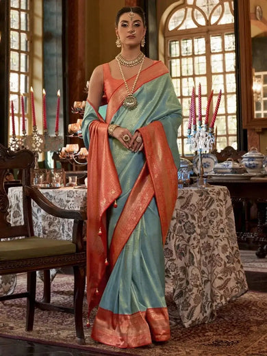 Tantalizing Sky Blue Zari Woven Kanjivaram Silk Sangeet Wear Saree