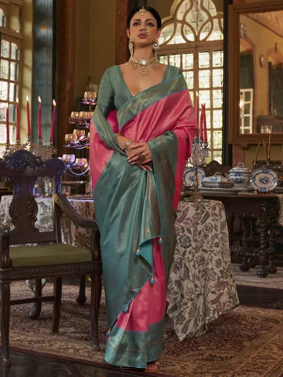 Impressive Pink Zari Weaving Kanjivaram Silk Wedding Wear Saree