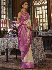 Outstanding Cream Heavy Weaving kanjivaram Silk Engagement Wear Saree