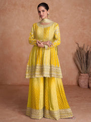 Woman wearing yellow designer salwar kameez with dupatta, Ethnic Plus Indian ethnic wear