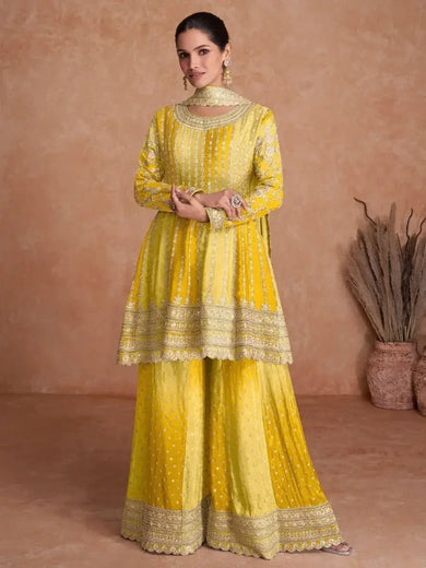 Radiant Yellow Embroidered Chinon Every Occasion Palazzo Suits