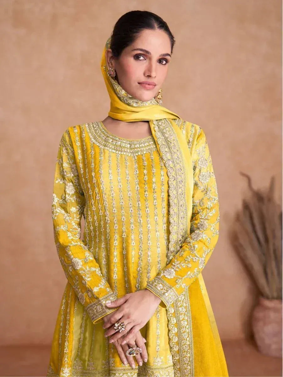 Yellow embroidered salwar kameez with matching dupatta, Indian ethnic wear for women