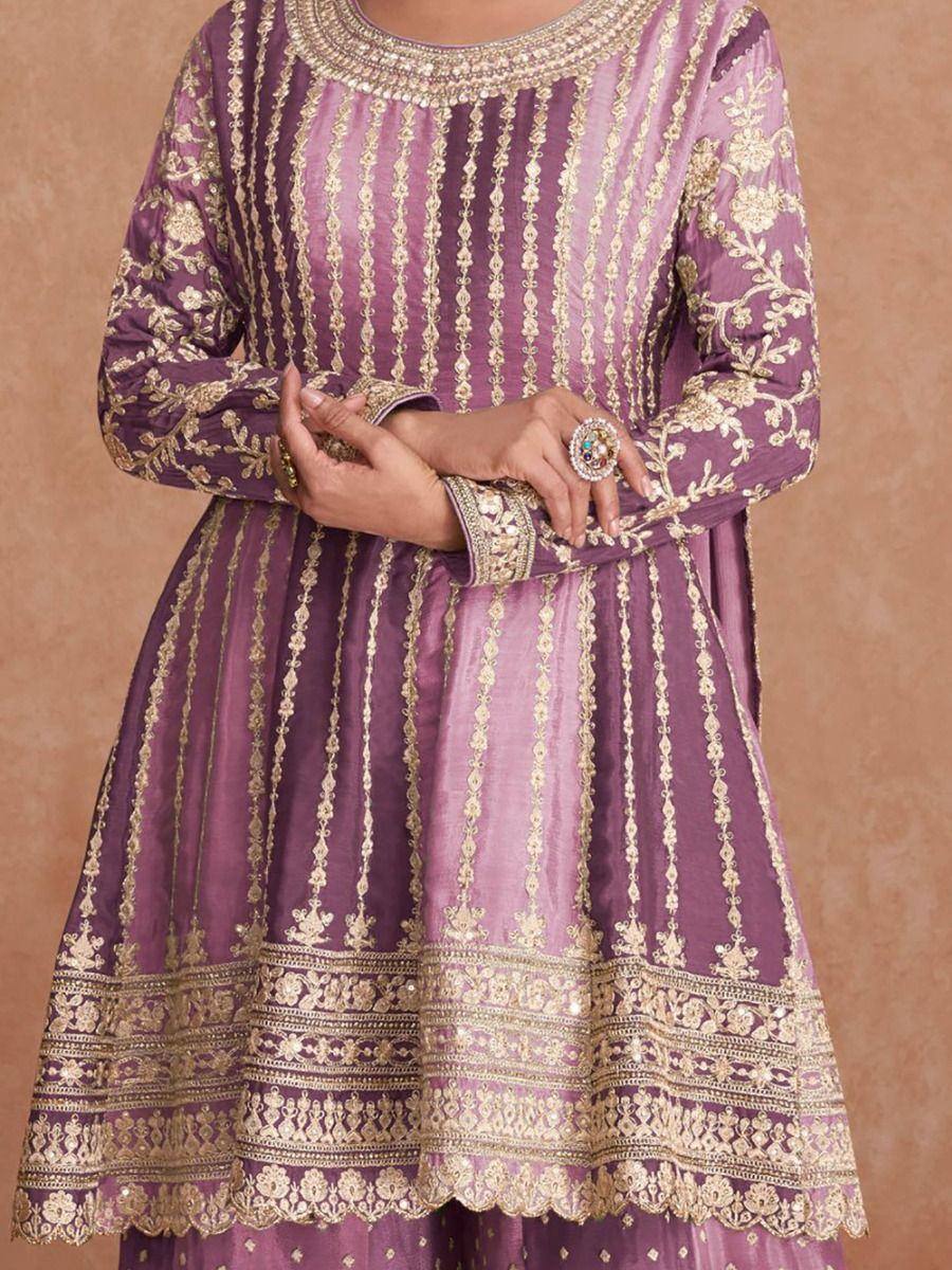 Purple ethnic anarkali with gold embroidery, perfect for Indian weddings and festive occasions