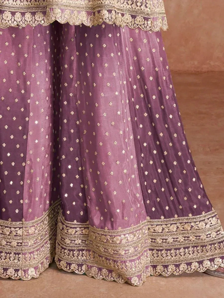 Purple lehenga with gold embroidery and scalloped border, Indian ethnic wear
