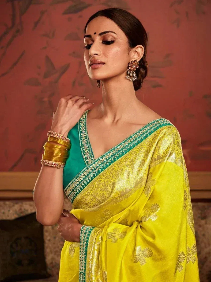 Yellow and green designer saree with gold embroidery, perfect for Indian ethnic wear occasions