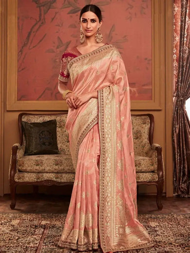 Stunning Peach Zari-Weaving Dola Silk Reception Wear Sarees with Blouse
